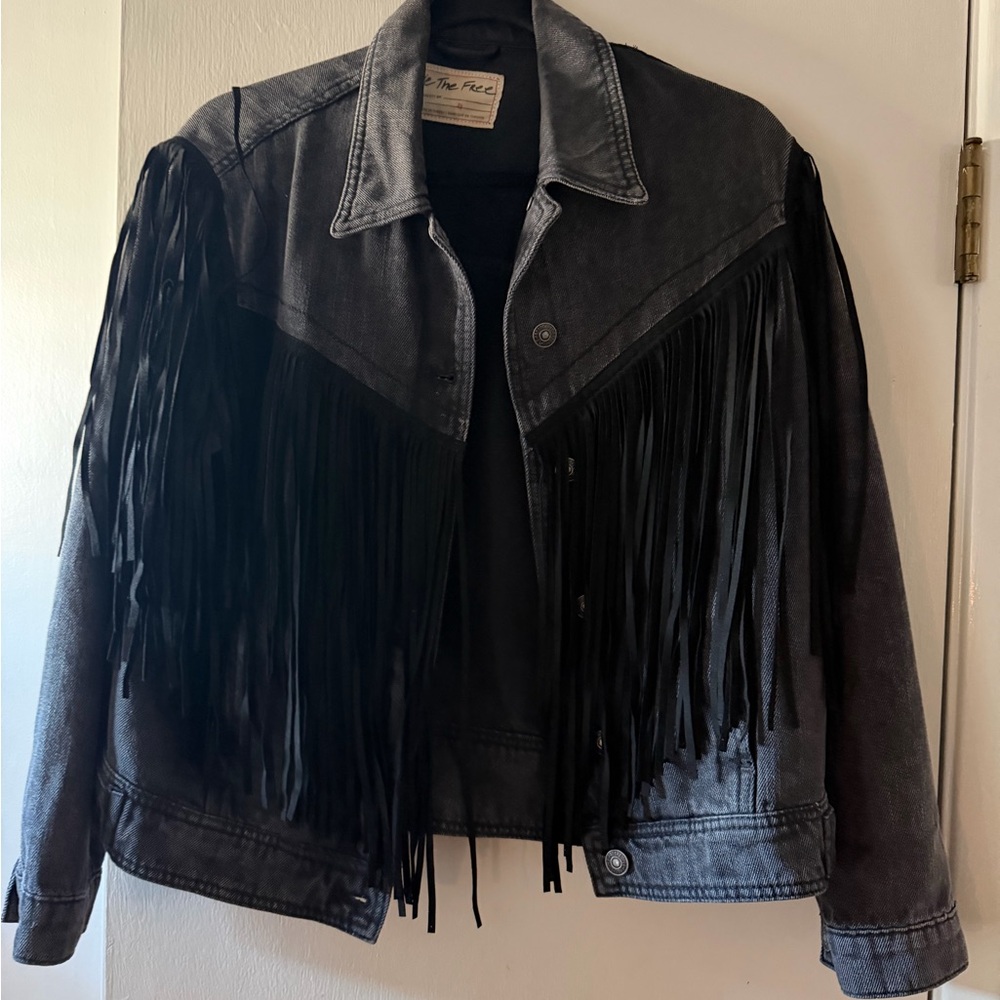 Free People Gray Fringe Jean Jacket